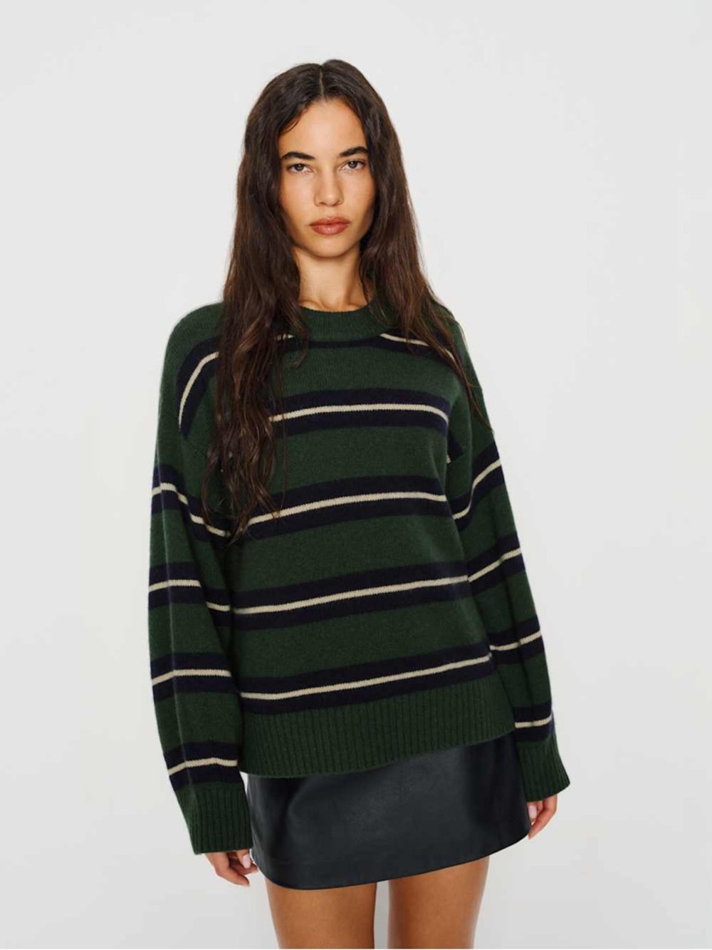 REFORMATION Cove Cashmere Oversized Crew Dark Pine Multi Stripe Green Sweater XS - Picture 3 of 16